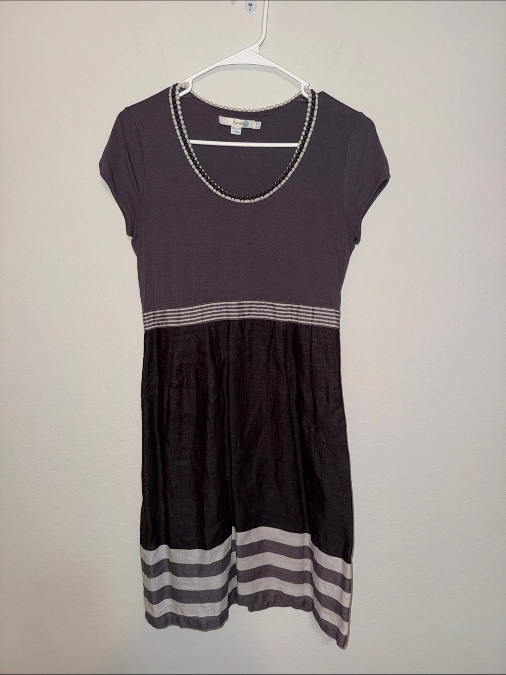 Boden Mixed Material Black and Gray Linen Striped Midi Dress 10P